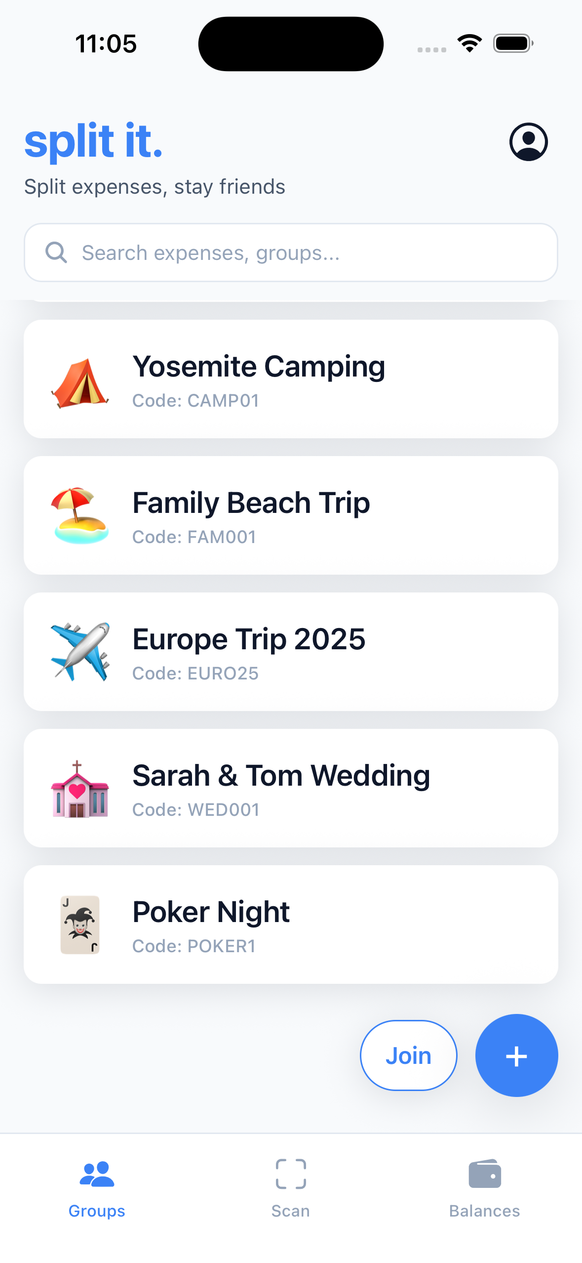 split it. app showing groups list
