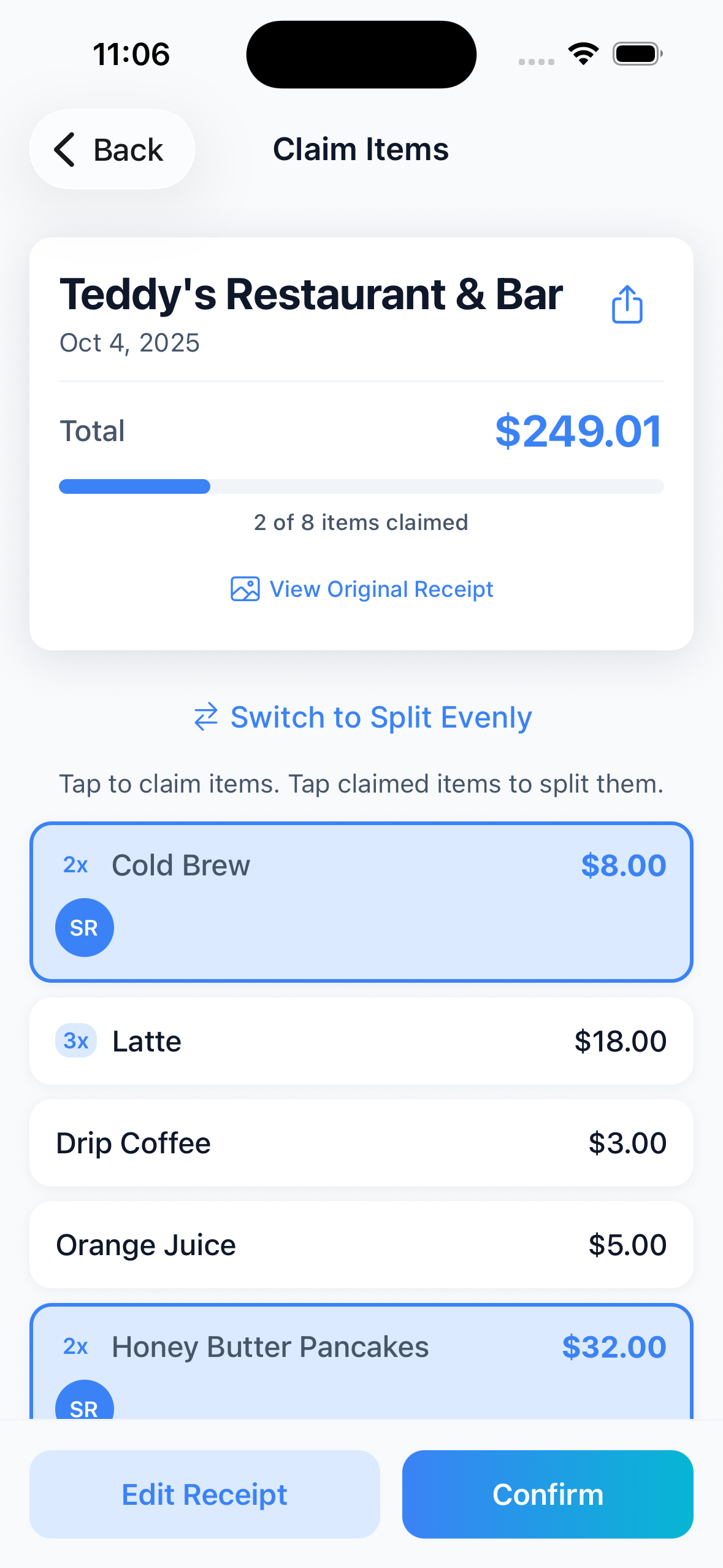 Claim individual items from a receipt